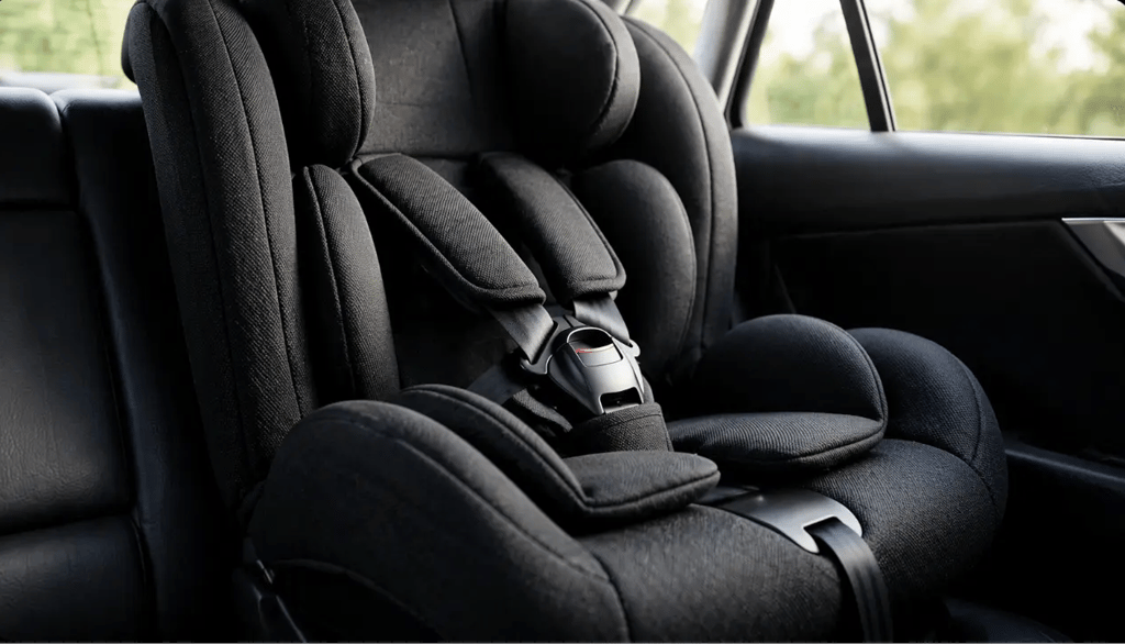 Cadeirinha infantil Cosco instalada no carro com design confortável e seguro para crianças