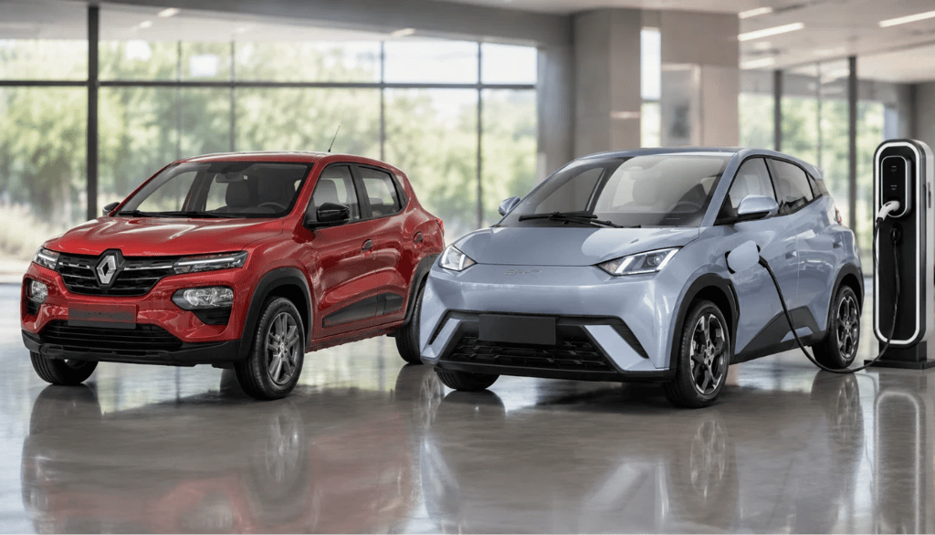 BYD Dolphin Mini elétrico e Renault Kwid com GNV em showroom moderno lado a lado