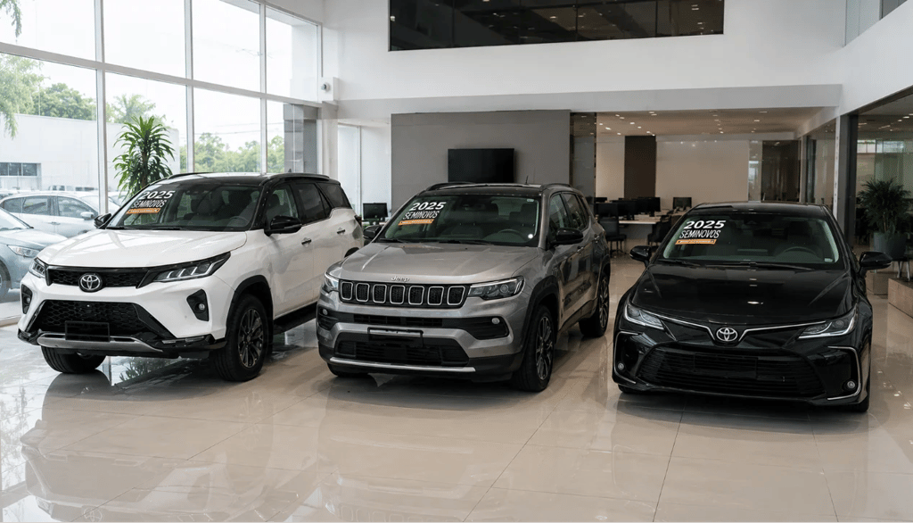 Toyota SW4, Jeep Compass e Corolla Altis seminovos parados no pátio de uma loja de carros usados.
