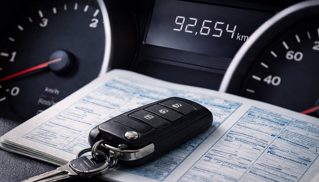 Painel de carro exibindo 92 mil km com chave e manual de revisões sobre o painel