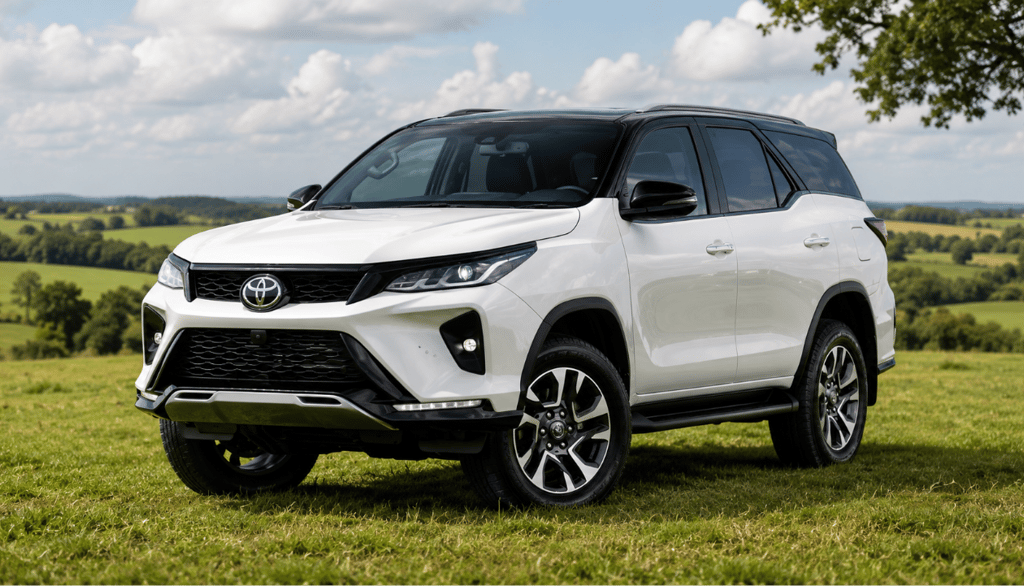 Toyota SW4 branca com teto preto estacionada sobre a grama em cenário de campo aberto com árvores