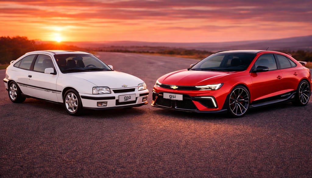 Kadett GSI antigo e Kadett GSI conceito 2026 posicionados frente a frente em ângulo 3/4 frontal