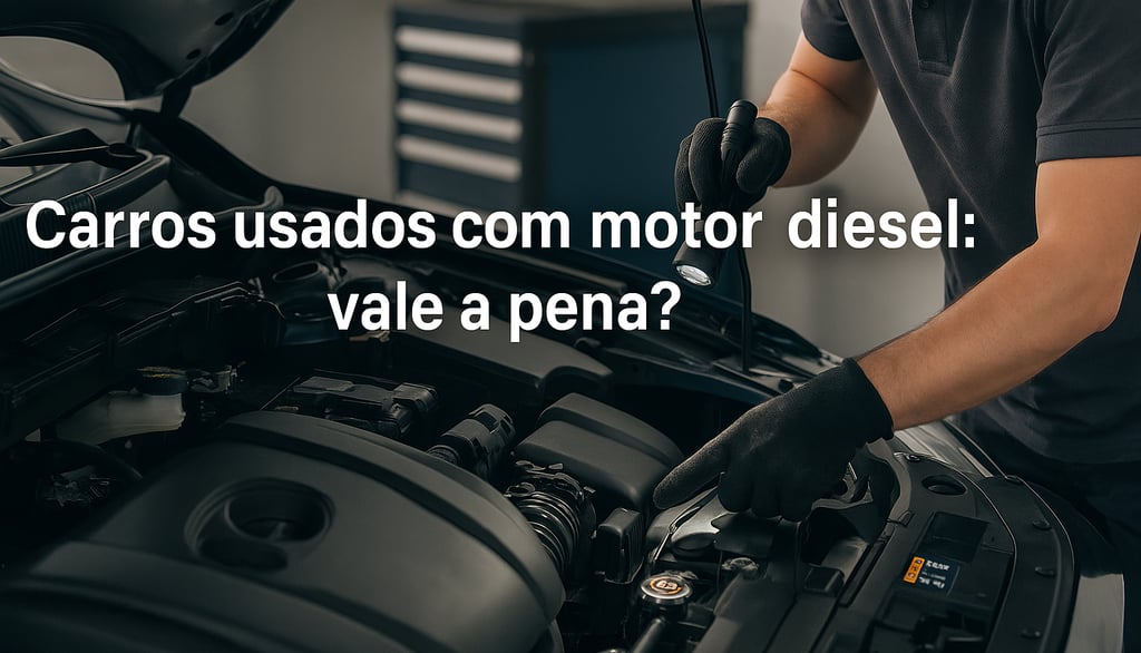 Mecânico inspeciona motor diesel com lanterna em oficina, com texto: “Carros usados com motor diesel