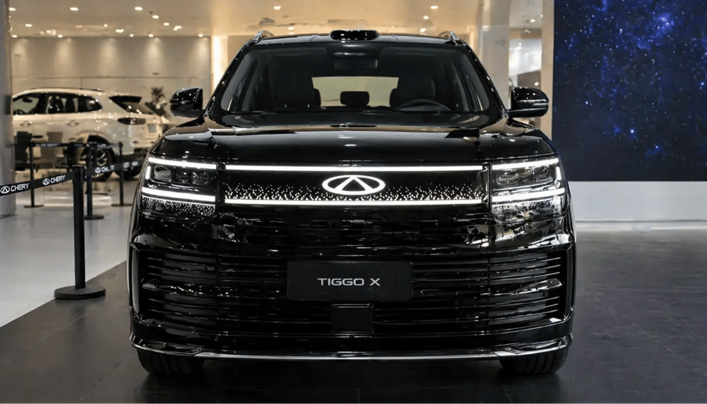 Novo SUV da Chery com 476 cv exibido de frente em showroom com visual imponente