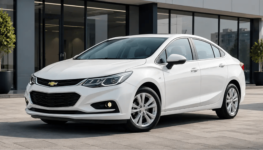 Chevrolet Cruze LTZ 2019 branco estacionado em frente a showroom moderno
