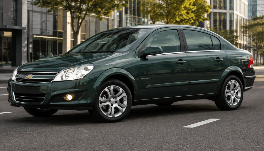 Chevrolet Vectra Elegance automático verde estacionado em avenida com prédios ao fundo.