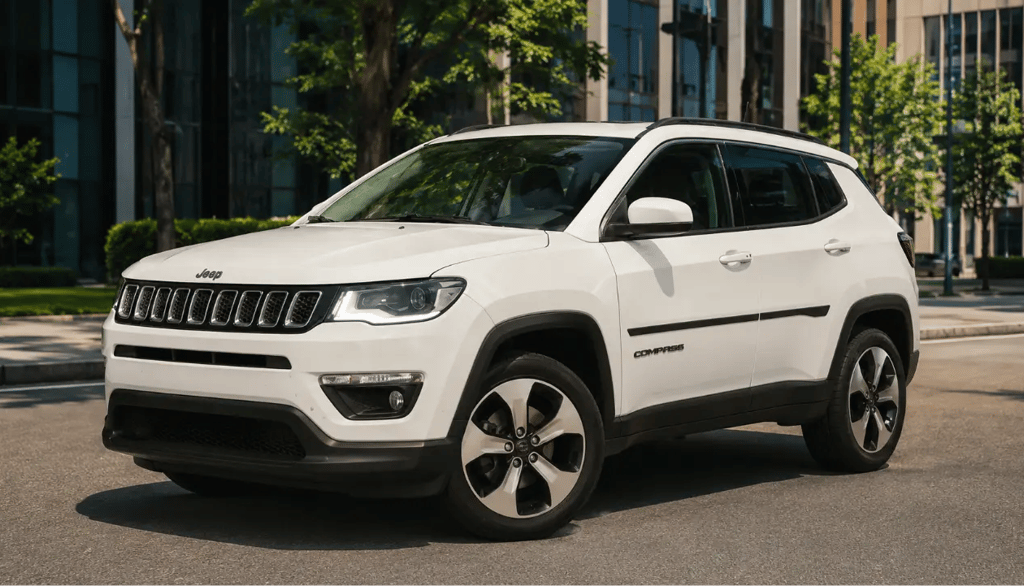 Jeep Compass Sport branco em avenida urbana, vista frontal 3/4, sem placa dianteira.