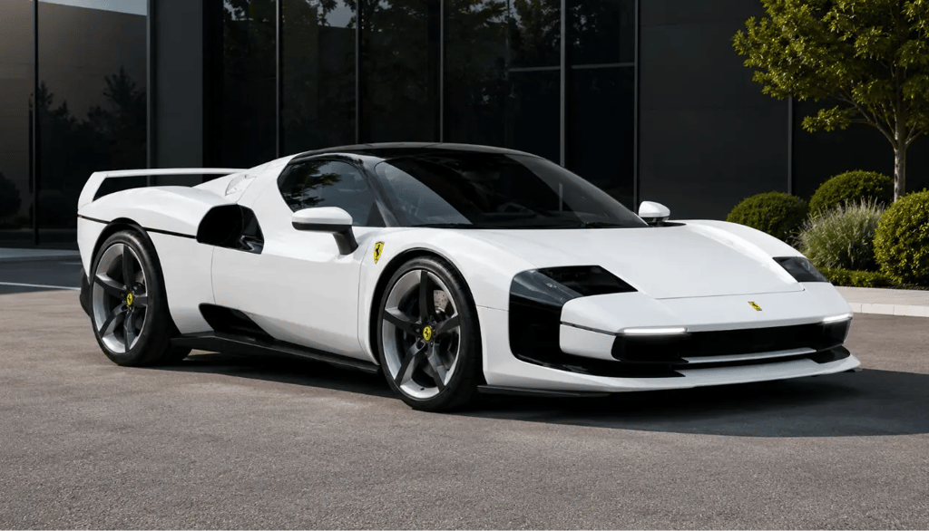 Ferrari SC40 branca inspirada na F40 estacionada em frente a prédio moderno com visual futurista