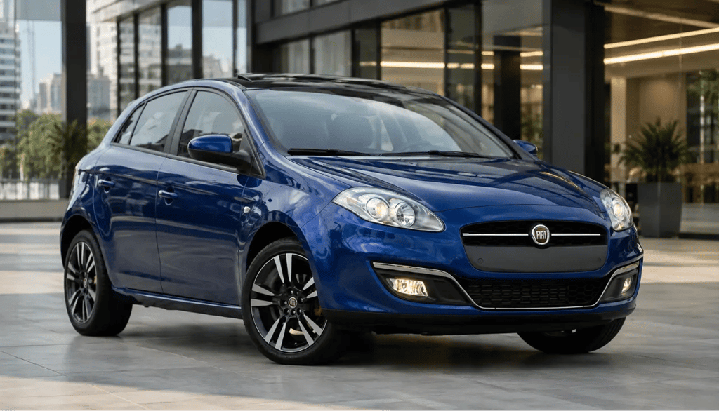 Fiat Bravo T-Jet 2016 azul em vista frontal três quartos em showroom urbano moderno