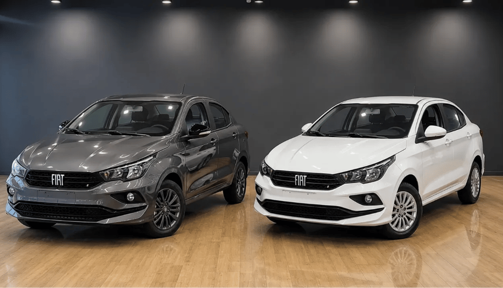 Comparativo entre Fiat Cronos 1.0 e Fiat Cronos 1.3 lado a lado em showroom moderno
