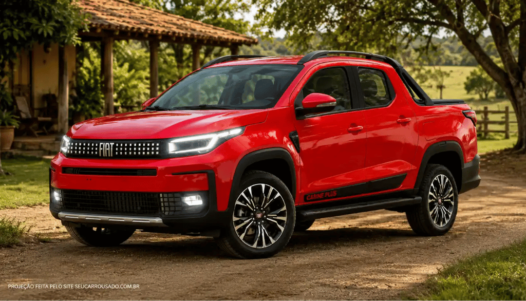 Fiat Strada 2027 cabine Plus vermelha em sítio com faróis acesos