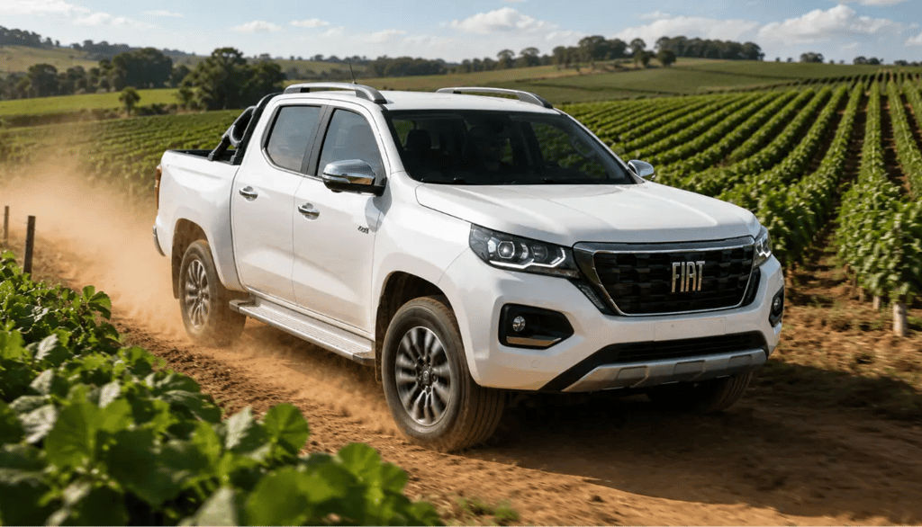 Fiat Titano Ranch branca em estrada de terra entre plantações levantando poeira