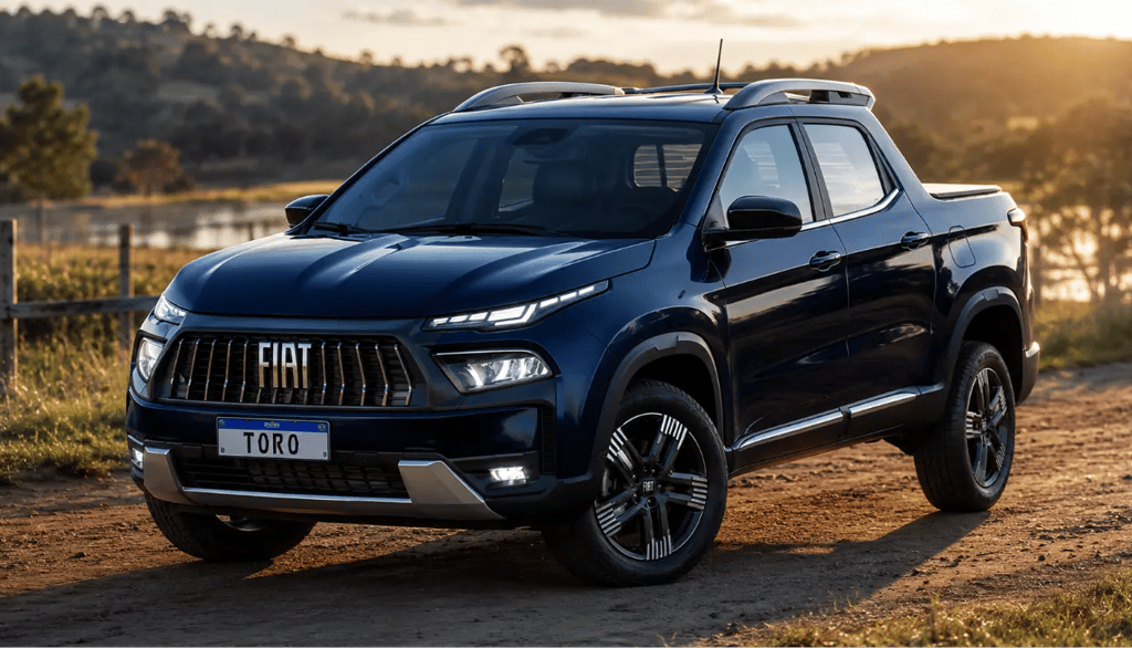 Fiat Toro MHEV 2027 azul em estrada rural destacando design renovado e tecnologia híbrida leve