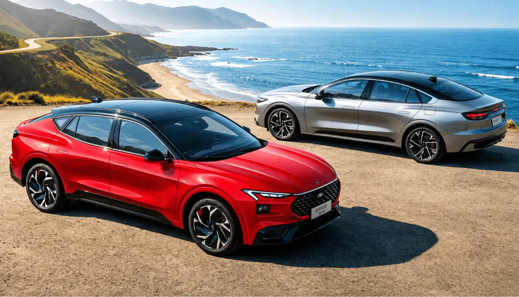 Ford Mondeo Sport vermelho e prata com vista para o litoral em estrada costeira
