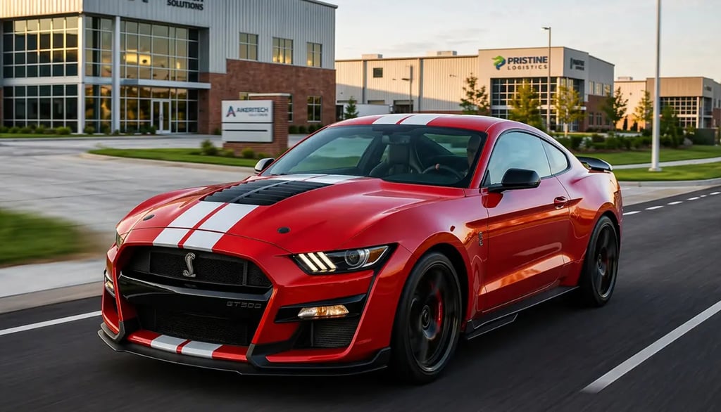 Ford Mustang Shelby GT500 vermelho em movimento com faixas esportivas em ambiente urbano
