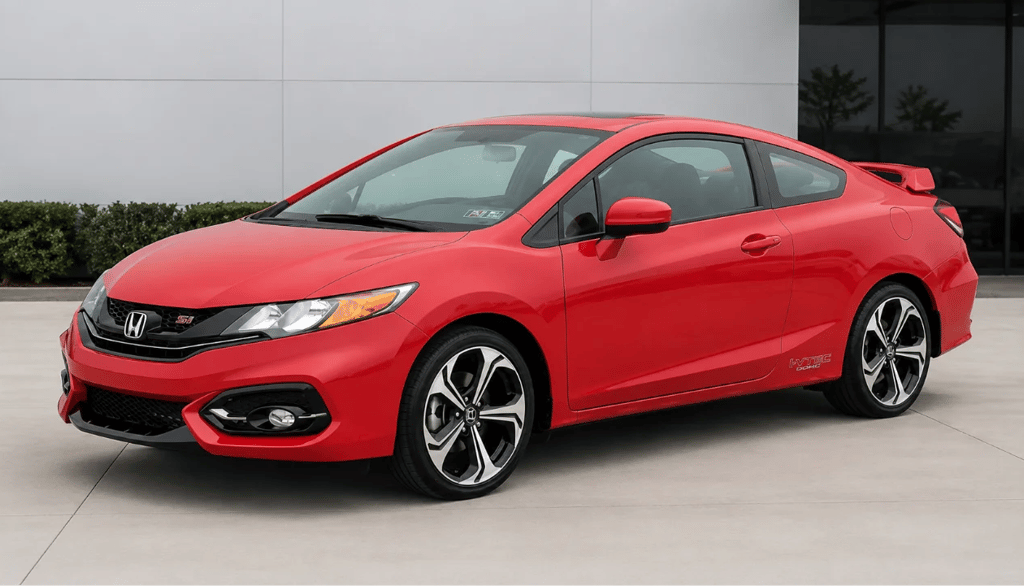 Honda Civic Si 2015 vermelho estacionado em showroom externo com visual esportivo