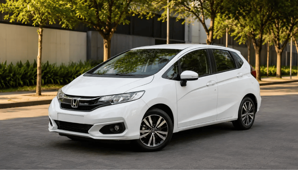 Honda Fit 2018 branco estacionado em rua arborizada com cenário urbano ao fundo