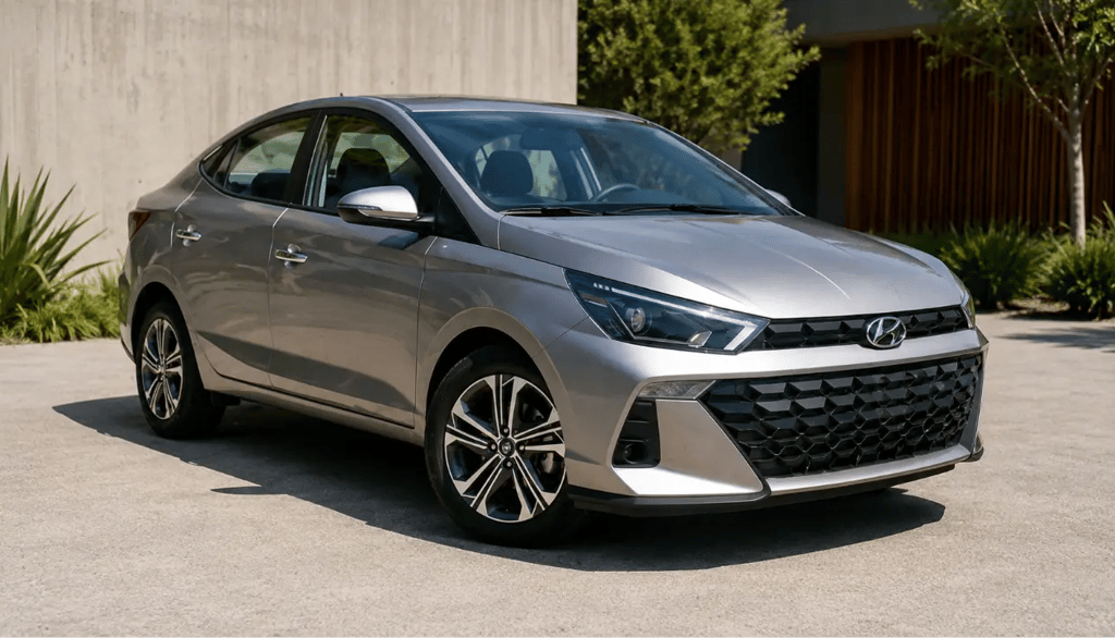 Hyundai HB20 Sedan prata em perspectiva frontal