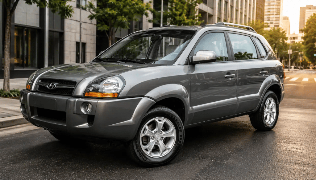 Hyundai Tucson GLS 2015 cinza em cenário urbano com vista frontal em ângulo e sem placa
