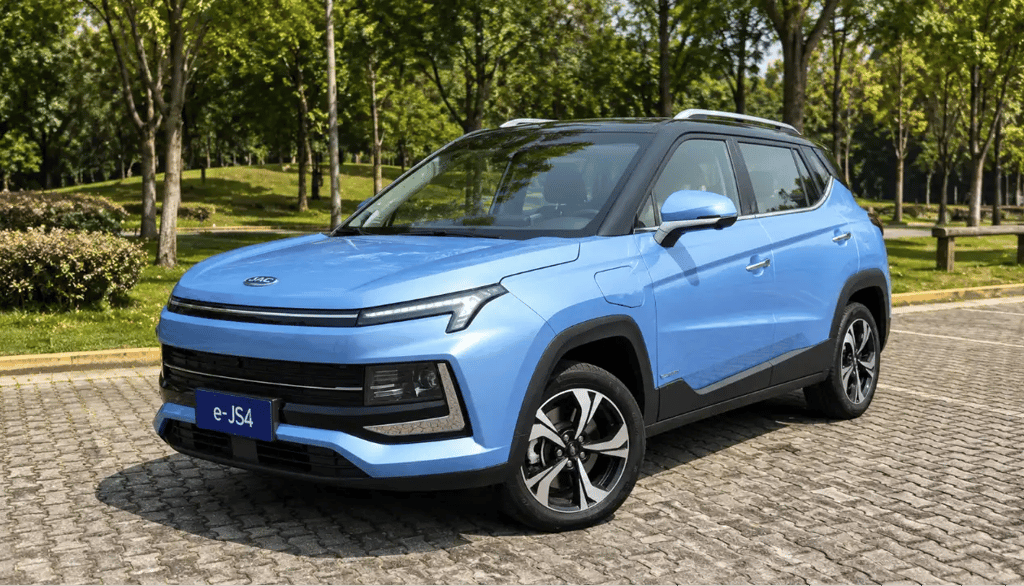 JAC E-JS4 azul estacionado em parque arborizado