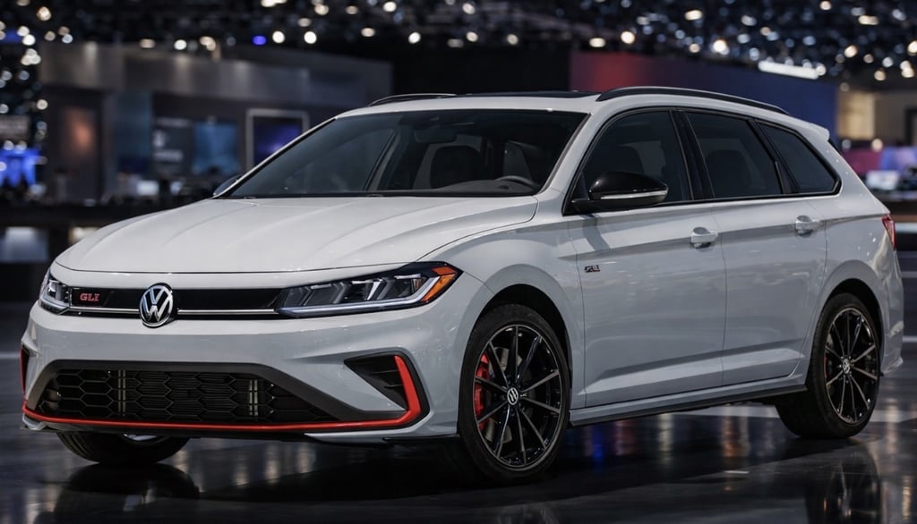 Jetta Variant GLI conceito em ambiente de salão automotivo com design esportivo e perua de alto