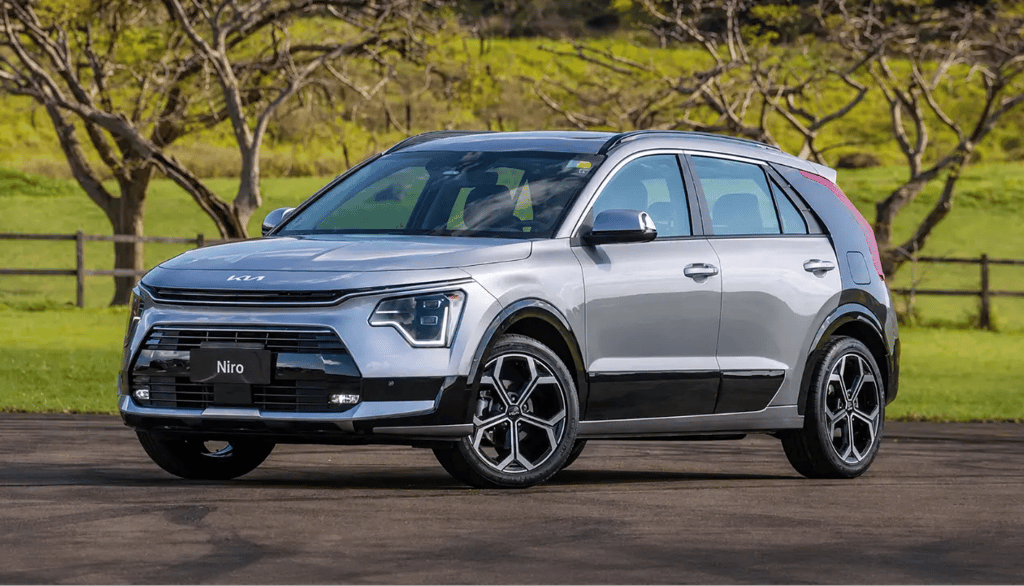 Kia Niro híbrido prata estacionado em área verde com visual moderno e eficiente.