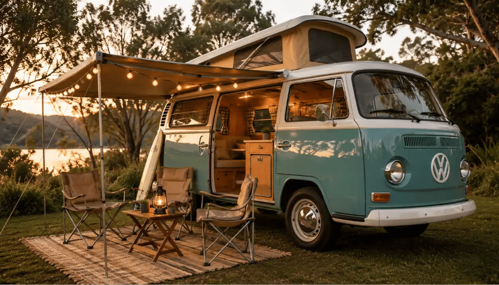 Kombi Home em camping com toldo aberto, cadeiras e área externa pronta para viagem