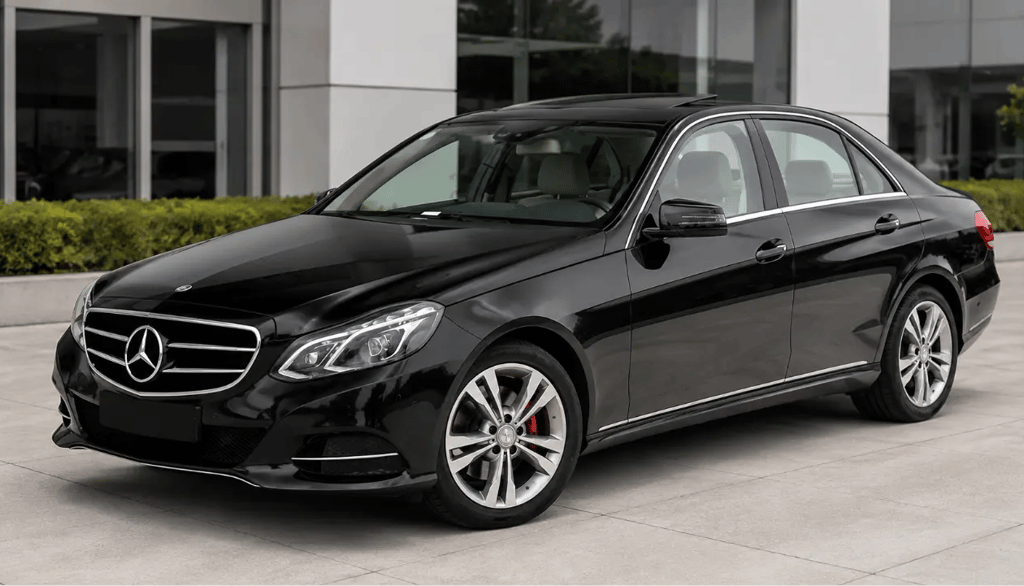 Mercedes E250 2014 preta em showroom moderno com visual executivo elegante