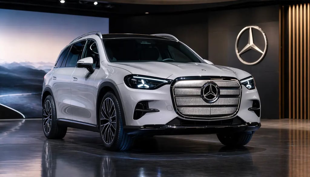 SUV elétrico Mercedes GLC L EV 800 Nm 800V em apresentação em showroom moderno
