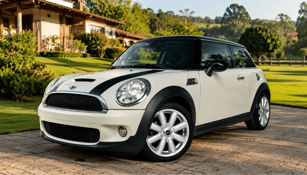 Mini Cooper branco estacionado em frente a casa de campo com jardim e gramado.