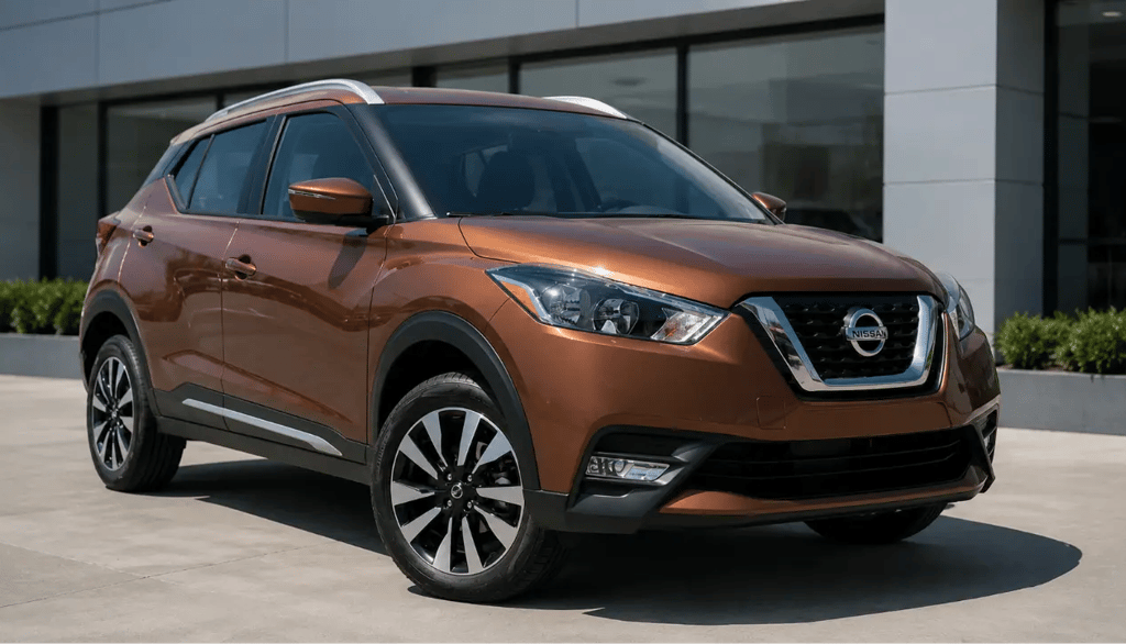 Nissan Kicks 2017 marrom em showroom externo com vista frontal 3/4 e iluminação natural.