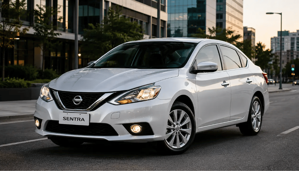 Nissan Sentra 2017 em ângulo 3/4 com fundo urbano moderno e visual elegante