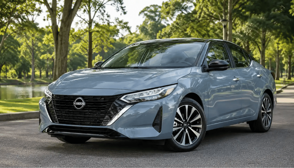 Nissan Sentra 2026 azul estacionado em parque municipal com árvores e luz natural
