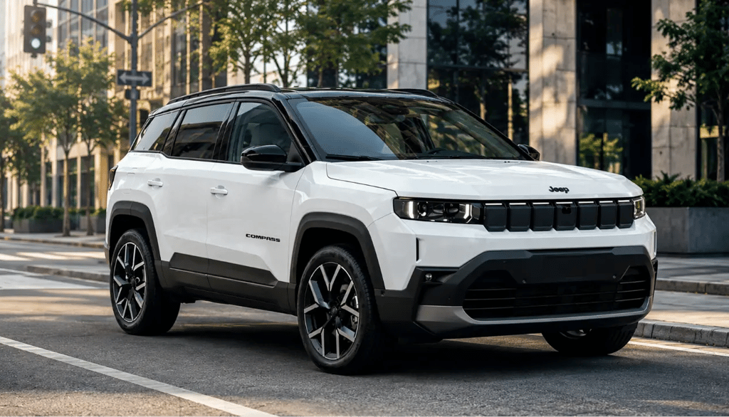Novo Jeep Compass 2026 branco em avenida urbana com vista frontal em três quartos.