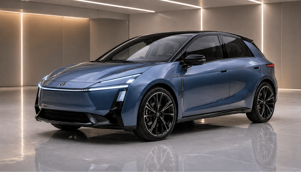 Novo Toyota Yaris 2028 conceito em showroom com design futurista híbrido e elétrico