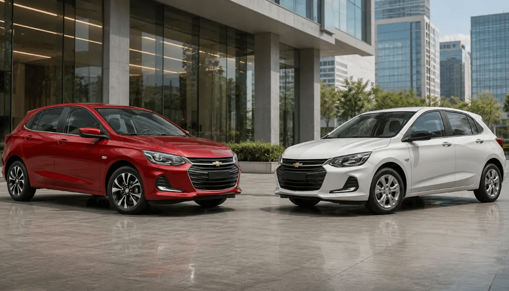 Chevrolet Onix Premier e Onix básico frente a frente em showroom urbano moderno