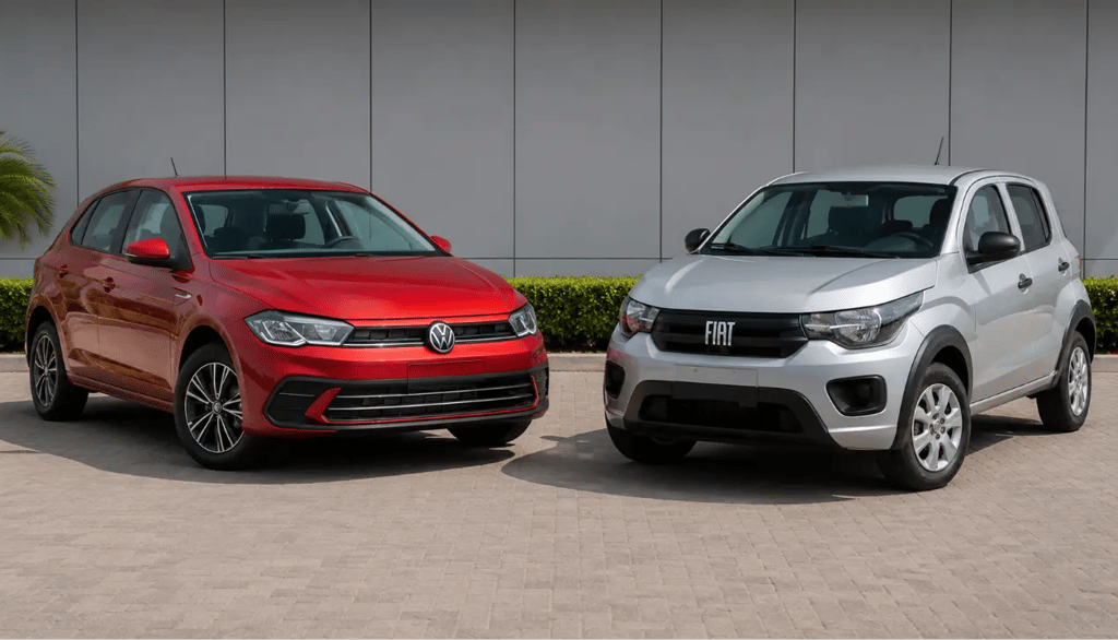 Volkswagen Polo Track e Fiat Mobi em showroom externo moderno sem placas dianteiras