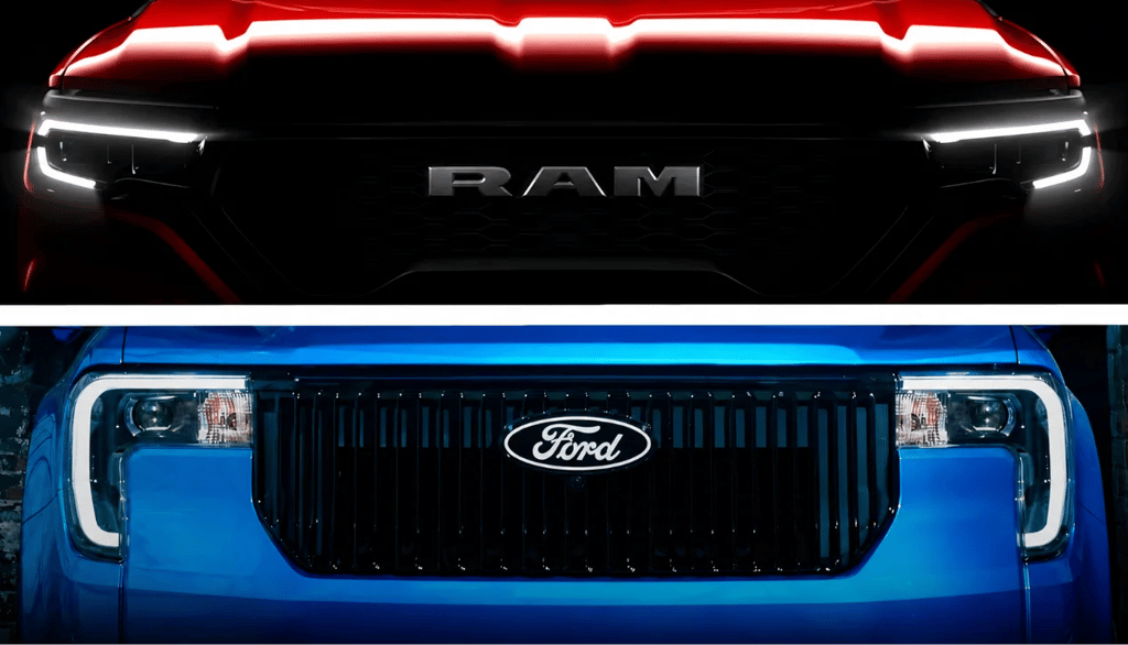 Frente da Ram Rampage e Ford Maverick em comparativo visual entre picapes