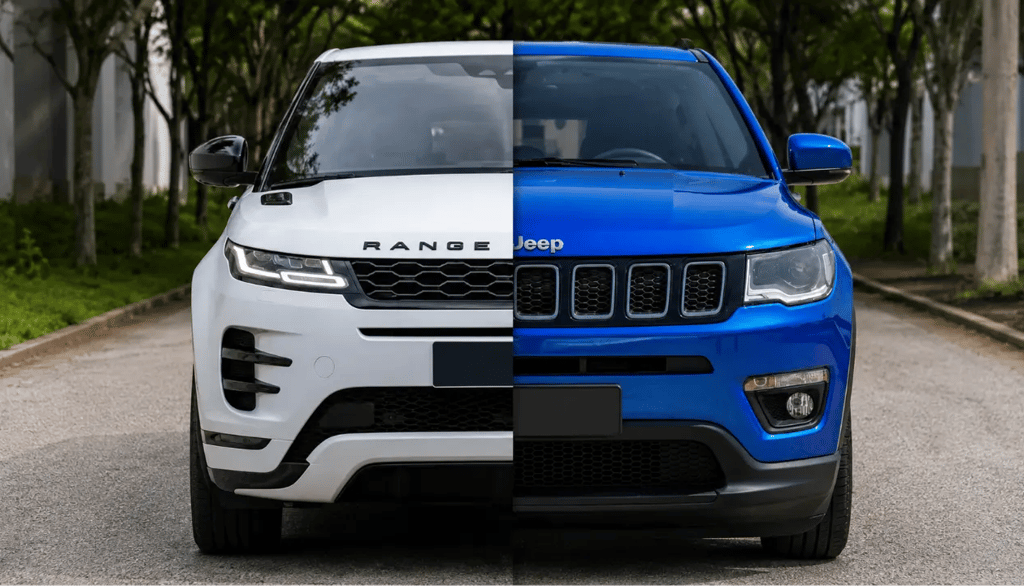 Frente de Range Rover e Jeep Compass unidas em montagem sobre o mesmo cenário.