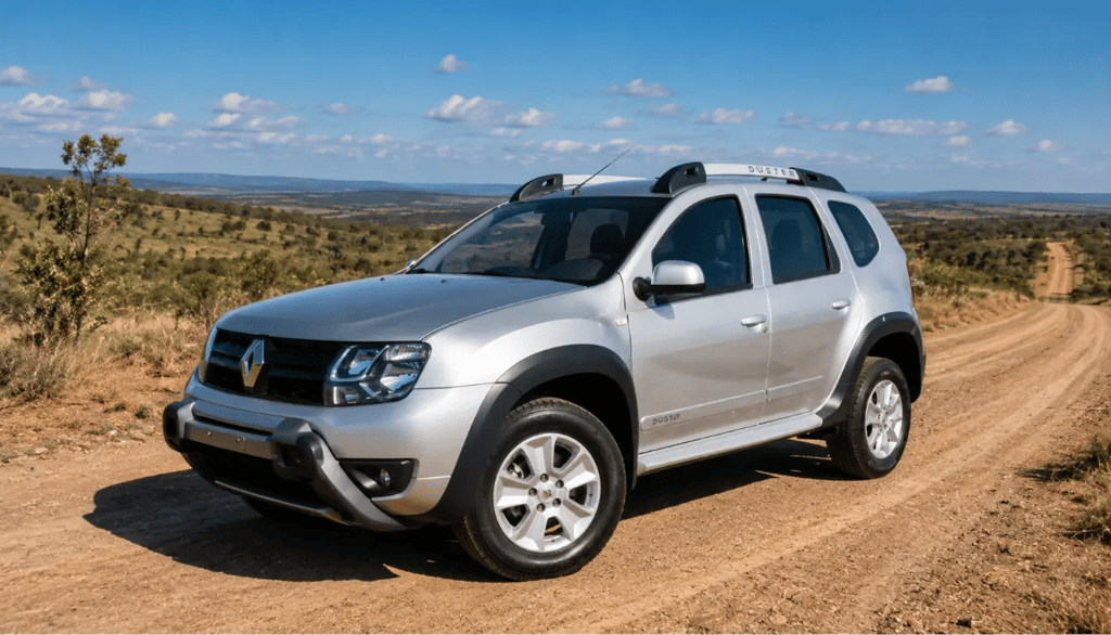 Renault Duster Dynamique 2017 prata estacionada em estrada de terra com paisagem de cerrado
