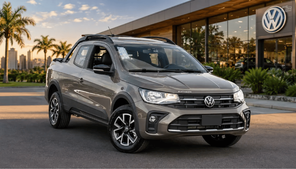 Volkswagen Saveiro Extreme cinza estacionada em frente a concessionária moderna ao entardecer.