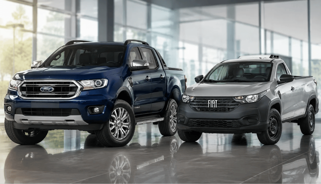 Ford Ranger 4x4 diesel azul e Fiat Strada 0 km lado a lado em showroom moderno