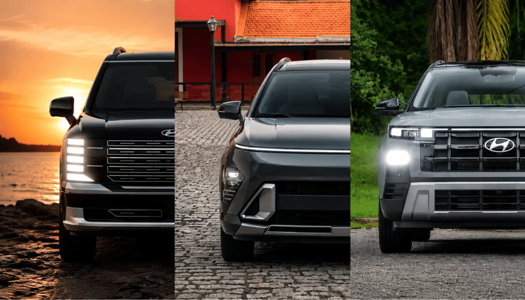 Hyundai Palisade, Kona e Creta em montagem destacando os SUVs ideais para viajar