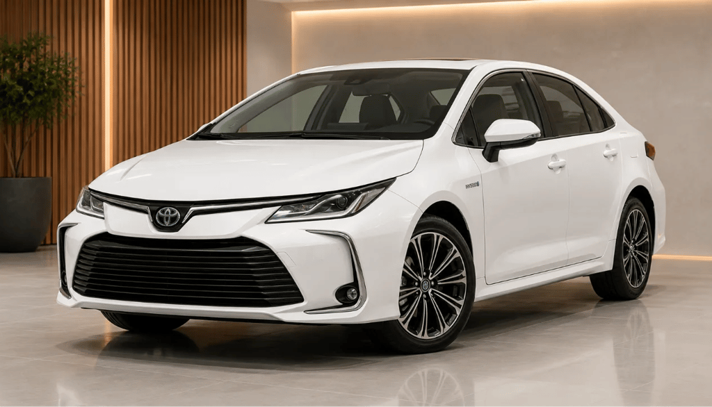 Toyota Corolla Híbrido 2019 branco em showroom moderno com destaque para o design frontal