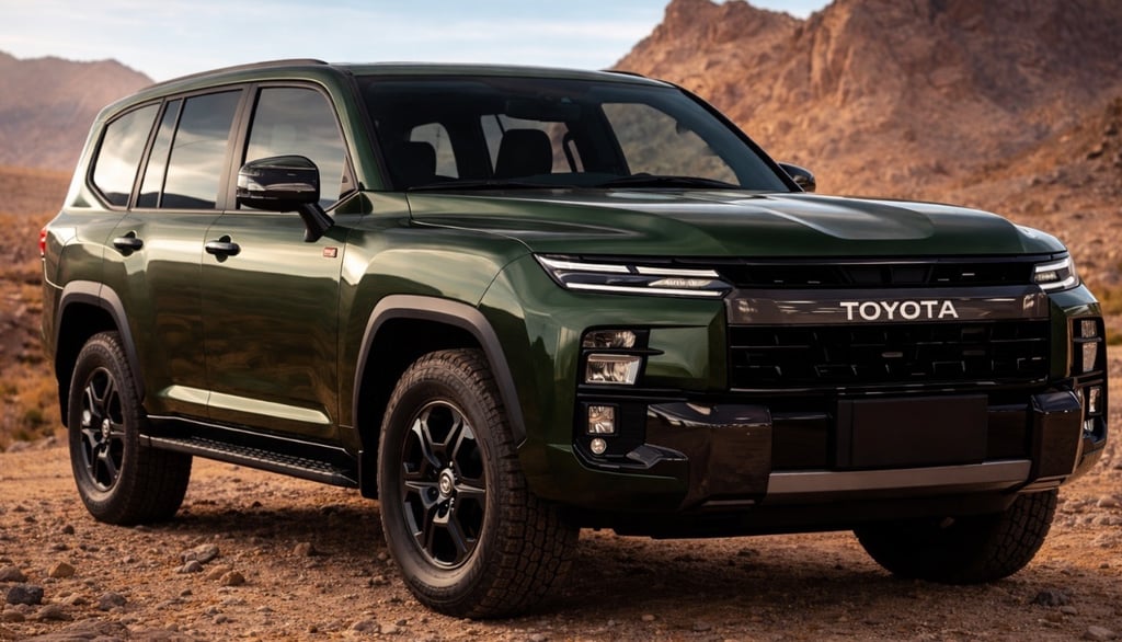 Toyota Land Cruiser 2027 híbrido verde escuro i-FORCE MAX em terreno off-road