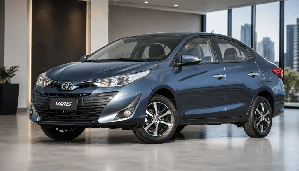 Toyota Yaris Sedan 2019 com câmbio CVT em showroom urbano moderno