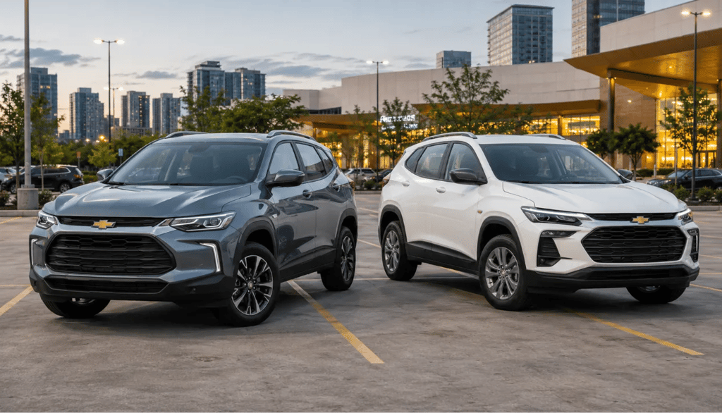 Tracker Premier 2025 e Tracker AT 2026 lado a lado em estacionamento urbano