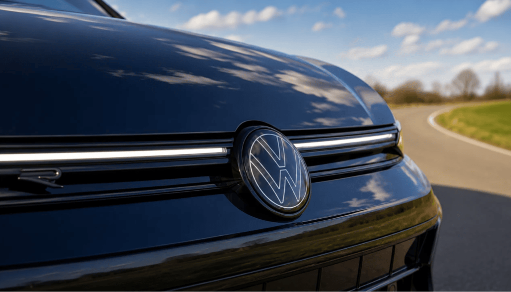 Logo da Volkswagen em close no novo Golf durante testes em estrada aberta