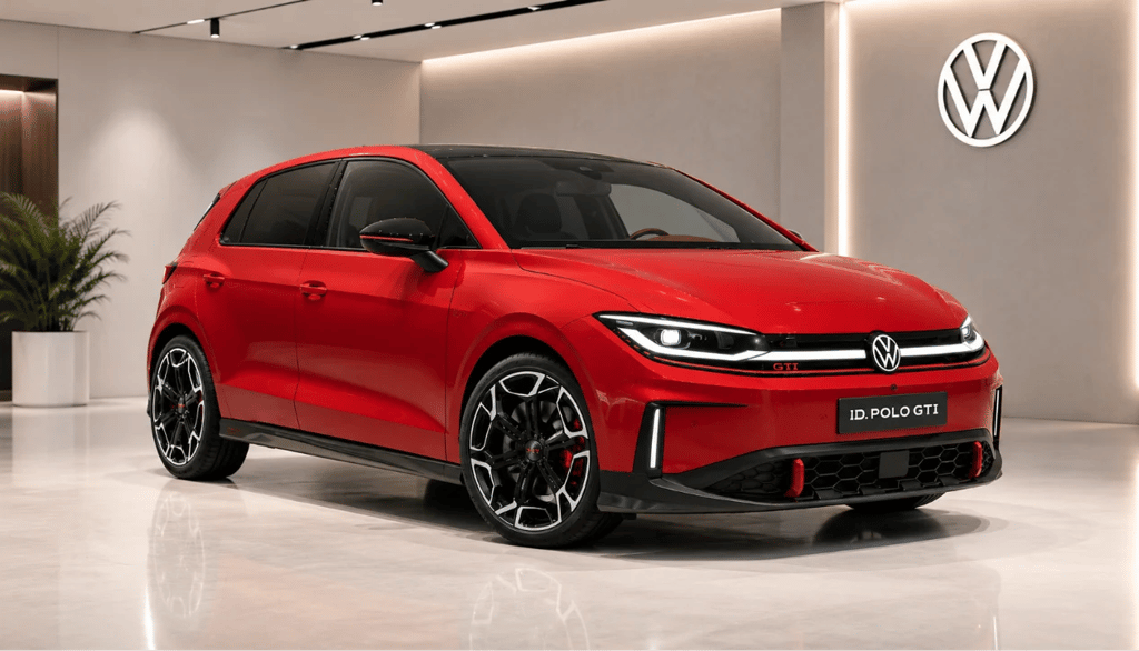 Volkswagen ID. Polo GTI elétrico em showroom com visual esportivo e acabamento GTI