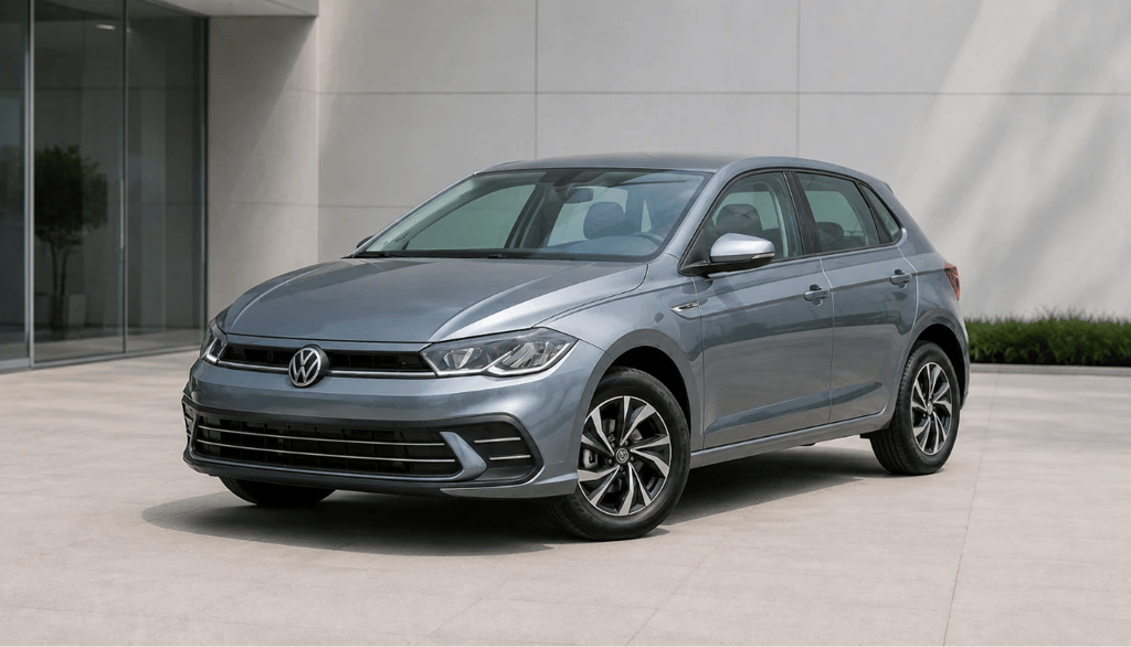 Volkswagen Polo cinza em showroom externo moderno